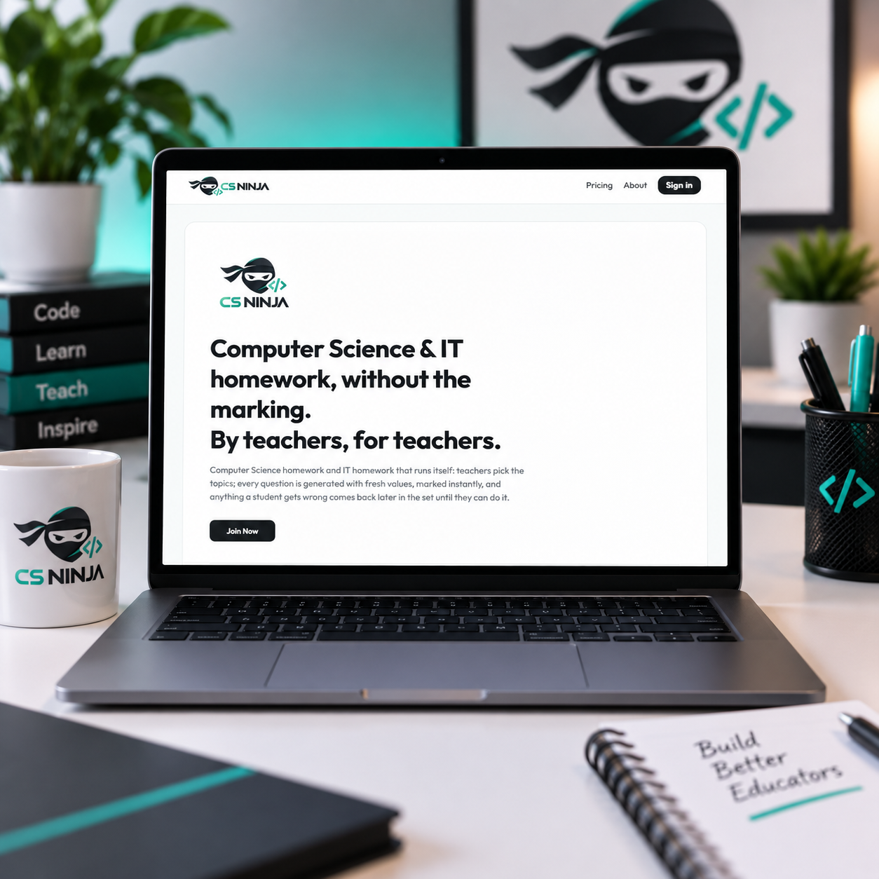 CS Ninja Computer Science and IT homework platform displayed on a laptop